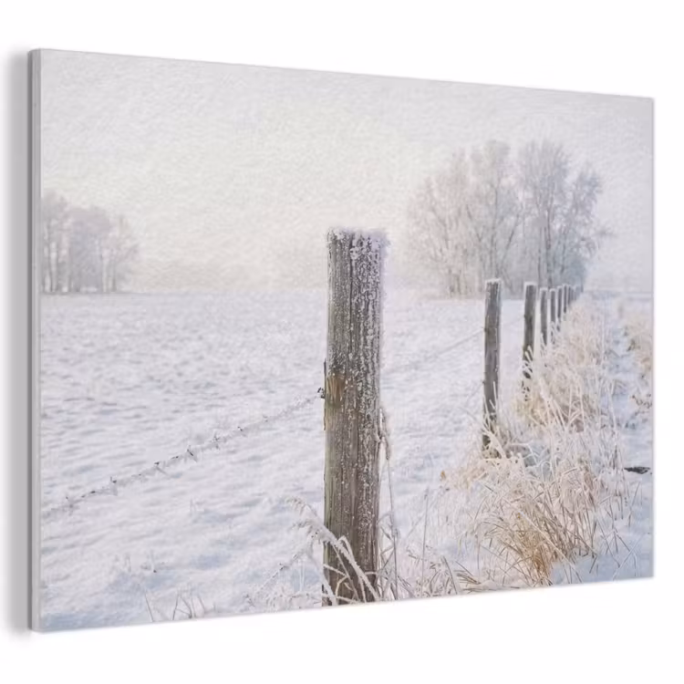 Akoestisch schilderij - Hek - Sneeuw - Mist - Platteland - Nostalgisch — 1