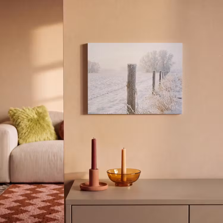 Akoestisch schilderij - Hek - Sneeuw - Mist - Platteland - Nostalgisch — 2
