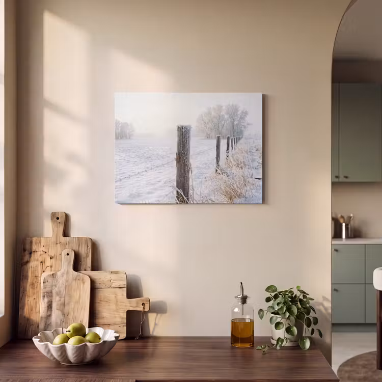 Akoestisch schilderij - Hek - Sneeuw - Mist - Platteland - Nostalgisch — 3