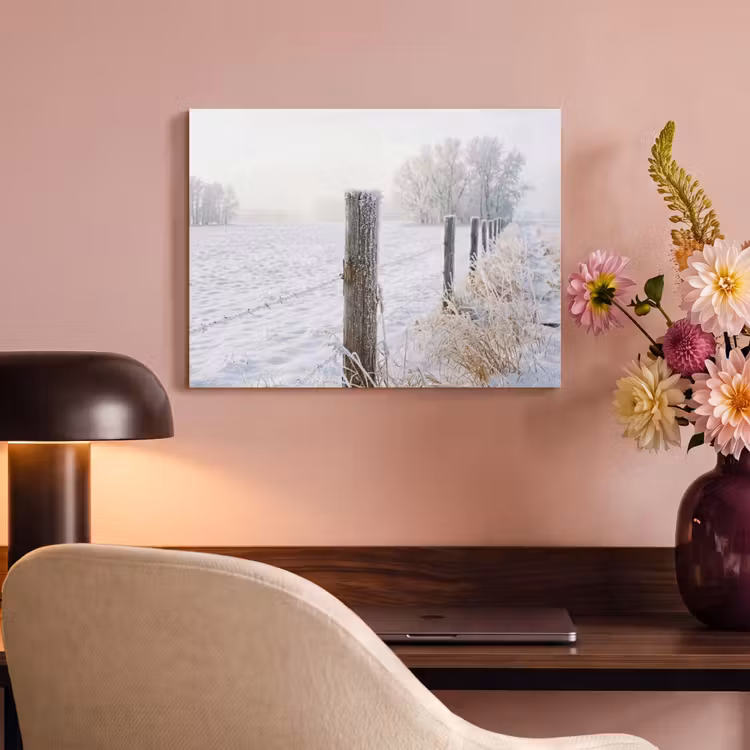 Akoestisch schilderij - Hek - Sneeuw - Mist - Platteland - Nostalgisch — 4