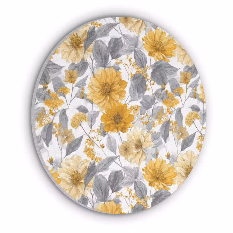 Akoestisch schilderij rond - Bloemen - Botanisch - Elegant - Okergeel - Grijs — 1