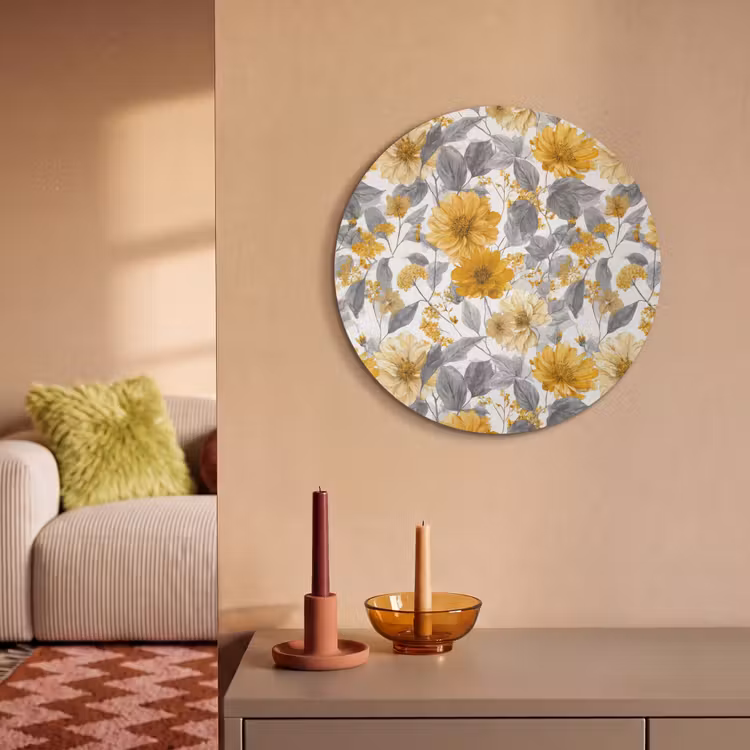 Akoestisch schilderij rond - Bloemen - Botanisch - Elegant - Okergeel - Grijs — 3