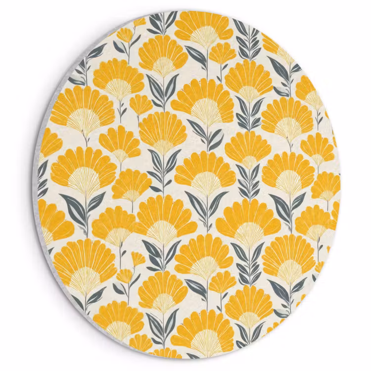 Akoestisch schilderij rond - Bloemen - Retro - Botanisch - Okergeel - Grijs — 1