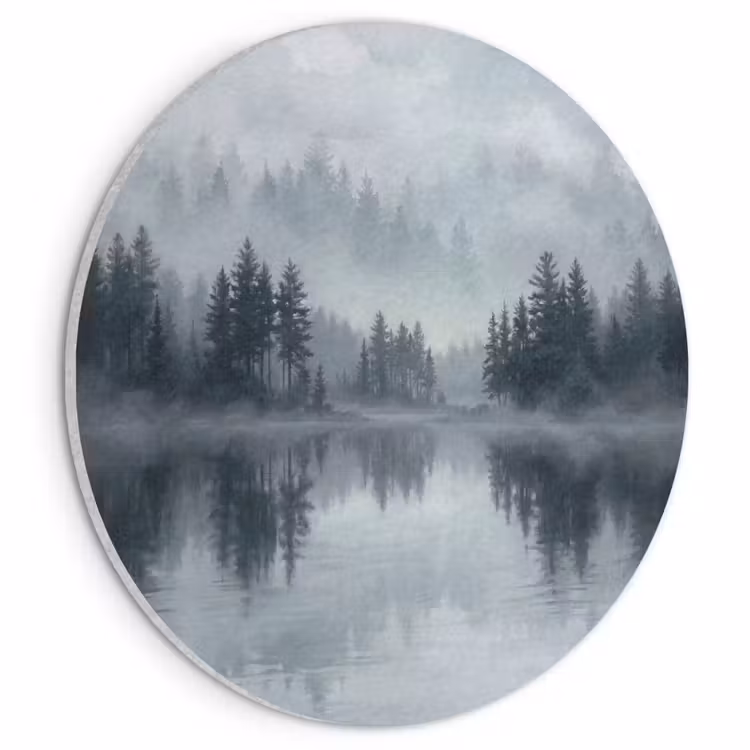 Akoestisch schilderij rond - Bos - Meer - Mist - Natuur - Grijs — 1
