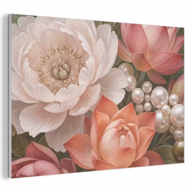 Akoestisch schilderij - Bloemen - Parels - Elegant - Roze - Wit — 1