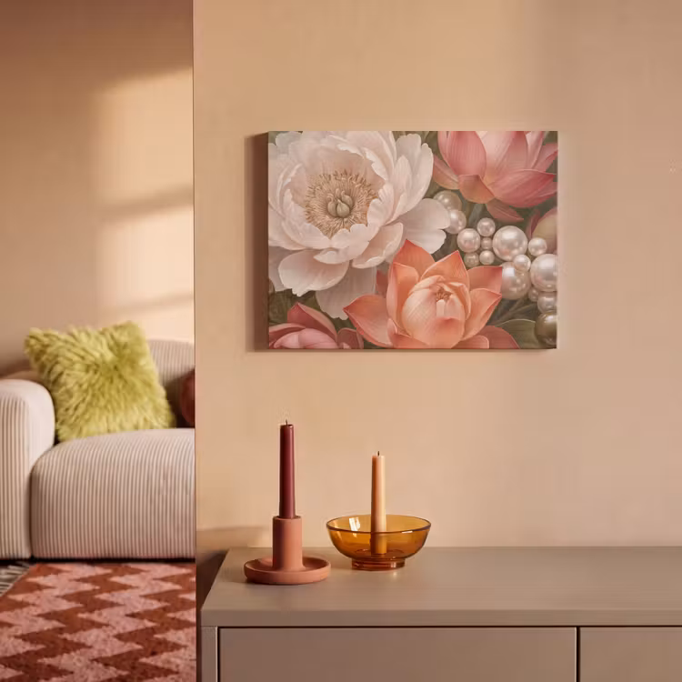 Akoestisch schilderij - Bloemen - Parels - Elegant - Roze - Wit — 2