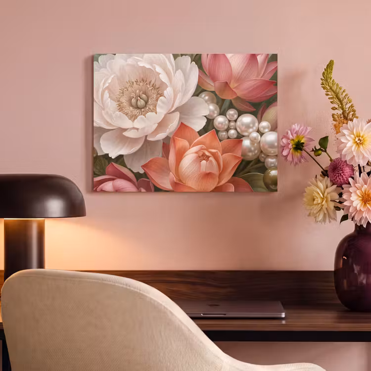 Akoestisch schilderij - Bloemen - Parels - Elegant - Roze - Wit — 4