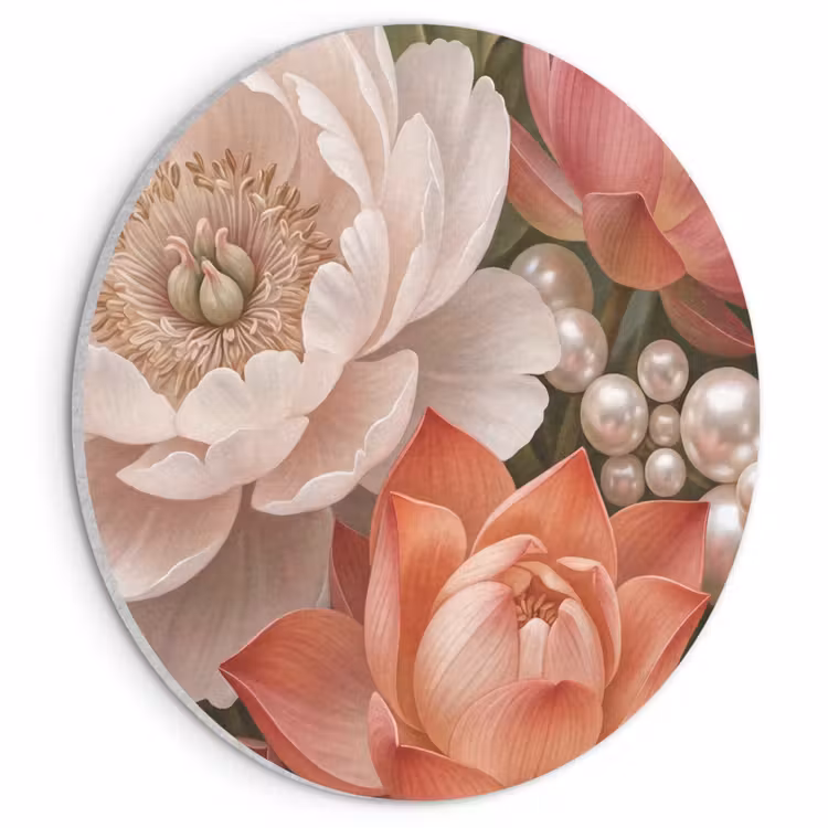 Akoestisch schilderij rond - Bloemen - Parels - Elegant - Roze - Wit — 1