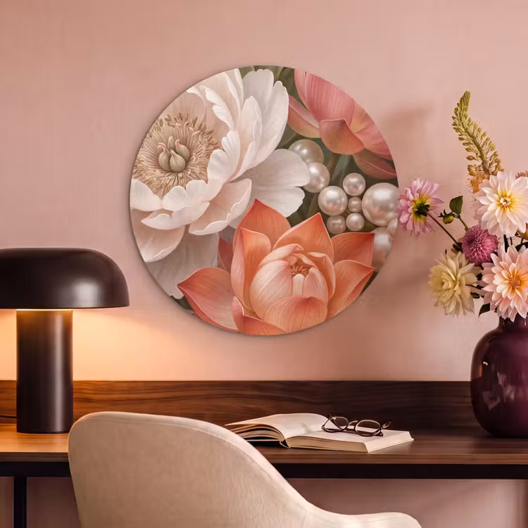 Akoestisch schilderij rond - Bloemen - Parels - Elegant - Roze - Wit — 2