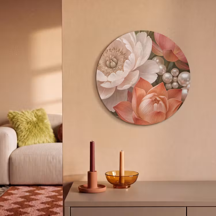 Akoestisch schilderij rond - Bloemen - Parels - Elegant - Roze - Wit — 3
