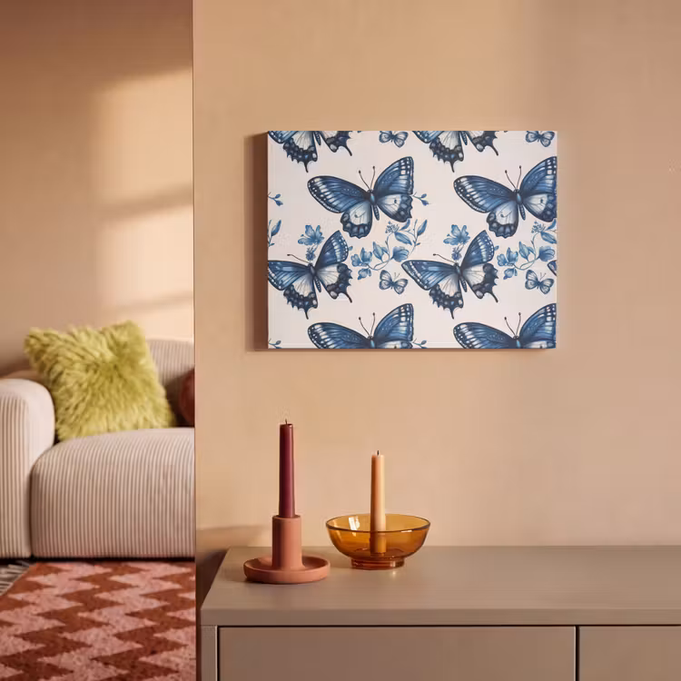 Akoestisch schilderij - Blauw - Vlinders - Bloemen - Wit — 2