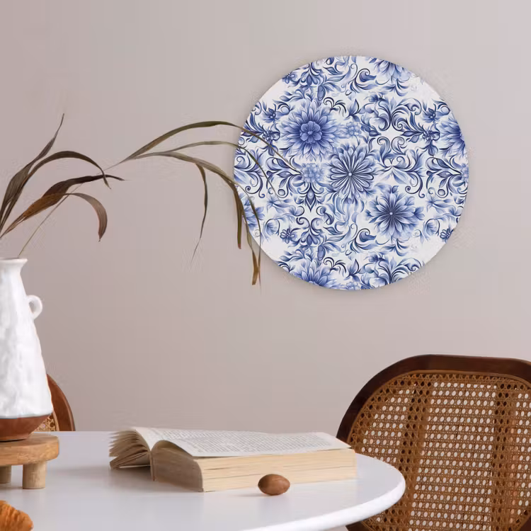 Akoestisch schilderij rond - Bloemen - Blauw - Patroon - Wit — 2