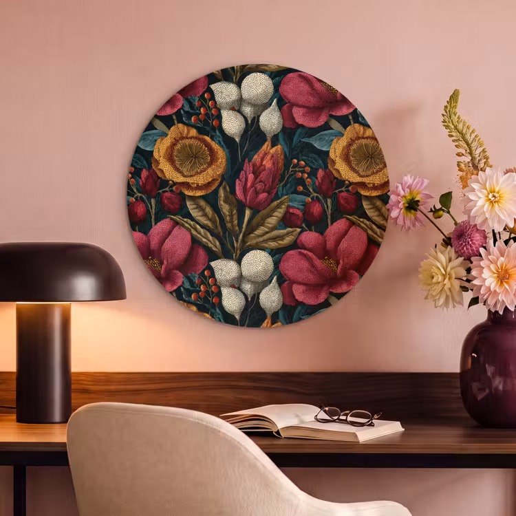 Akoestisch schilderij rond - Bloemen - Patroon - Rood - Goud — 2
