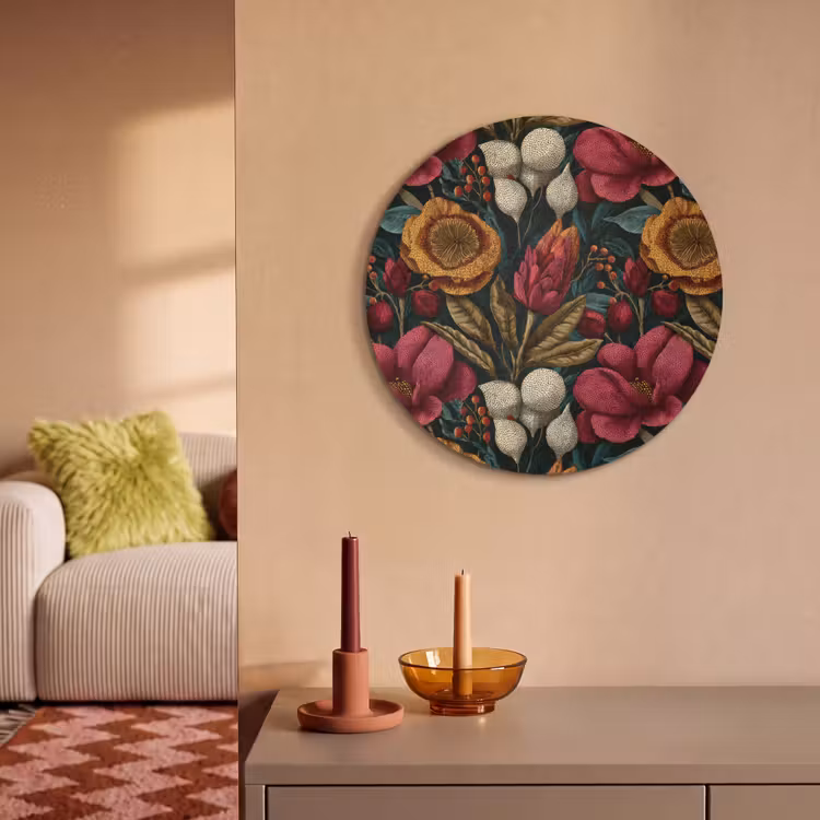 Akoestisch schilderij rond - Bloemen - Patroon - Rood - Goud — 3