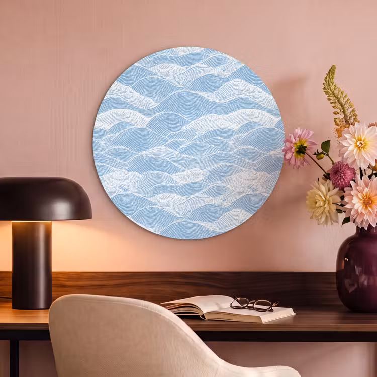 Akoestisch schilderij rond - Blauw - Wit - Golven - Getekend — 2