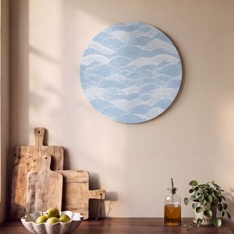 Akoestisch schilderij rond - Blauw - Wit - Golven - Getekend — 4
