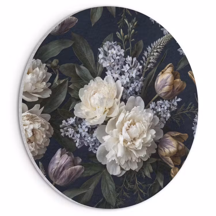 Akoestisch schilderij rond - Bloemen - Donker - Elegant - Natuur - Wit — 1