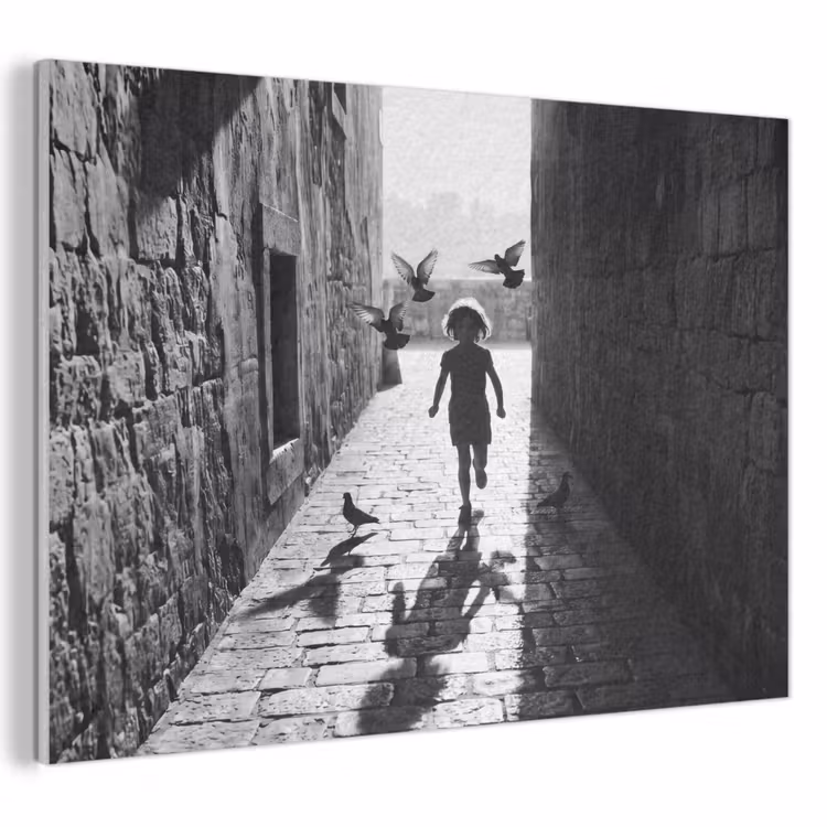Akoestisch schilderij - Kind - Vogel - Straat - Zwart-wit - Spelen — 1