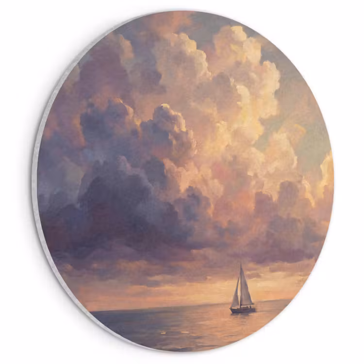 Akoestisch schilderij rond - Boot - Zonsondergang - Zee - Natuur - Goud — 1