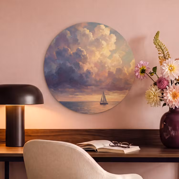 Akoestisch schilderij rond - Boot - Zonsondergang - Zee - Natuur - Goud — 2