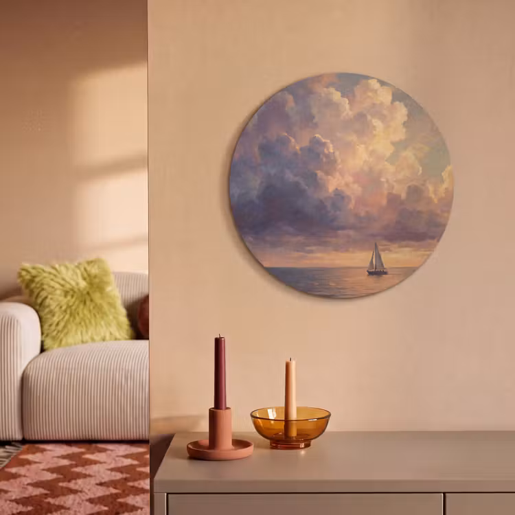 Akoestisch schilderij rond - Boot - Zonsondergang - Zee - Natuur - Goud — 3