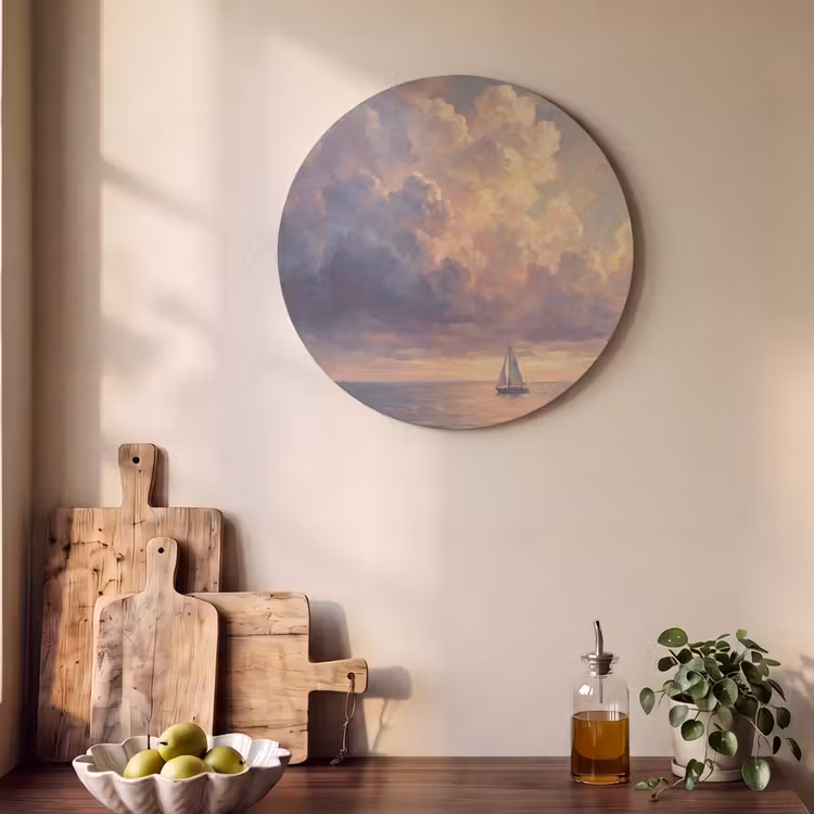 Akoestisch schilderij rond - Boot - Zonsondergang - Zee - Natuur - Goud — 4