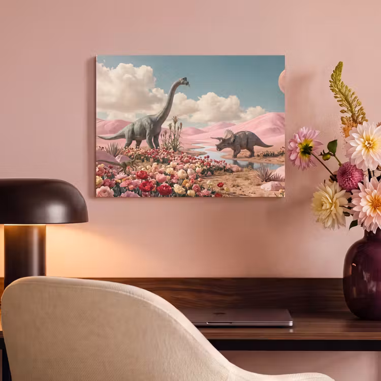 Akoestisch schilderij - Dinosaurus - Roze - Landschap — 4