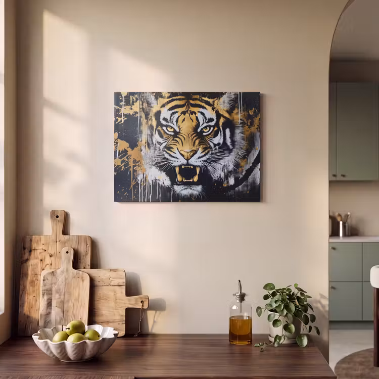 Akoestisch schilderij - Tijger - Verfspatten - Goud — 3