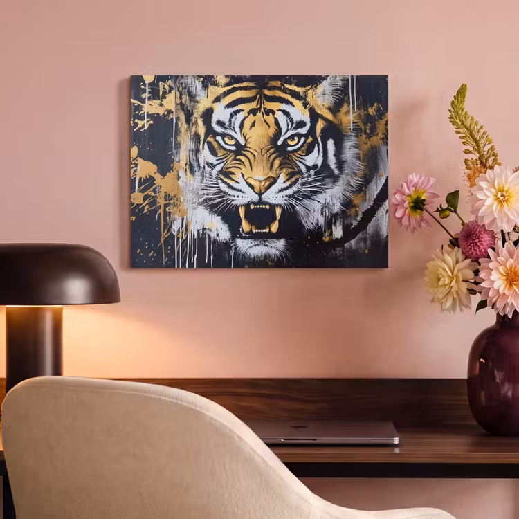 Akoestisch schilderij - Tijger - Verfspatten - Goud — 4