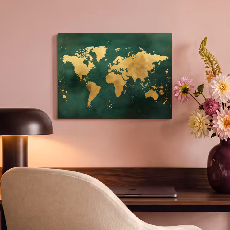 Akoestisch schilderij - Wereldkaart - Groen - Goud — 4