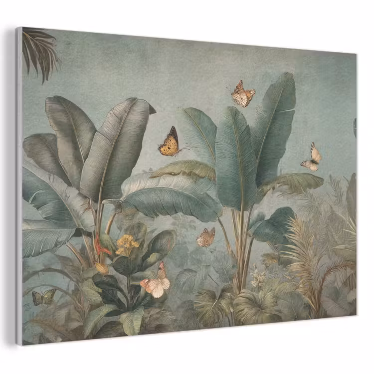 Akoestisch schilderij - Tropisch bladerdek - Vlinders - groen - Bruin — 1