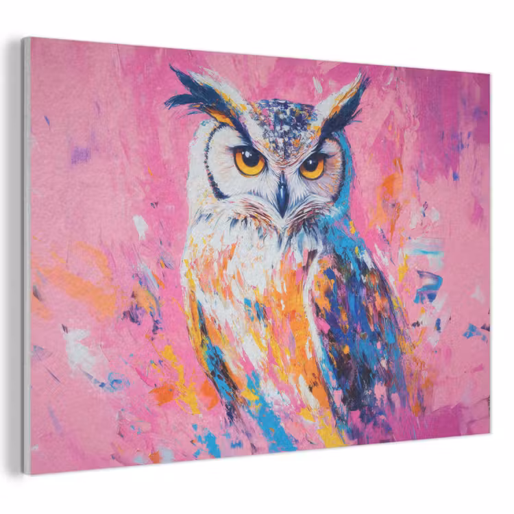 Akoestisch schilderij - Uil - Roze - Blauw - Verf - Abstract — 1