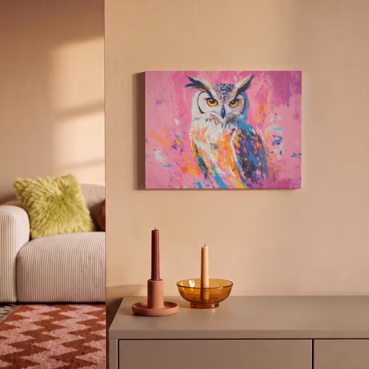 Akoestisch schilderij - Uil - Roze - Blauw - Verf - Abstract — 2