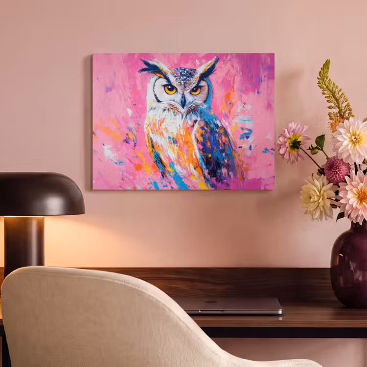 Akoestisch schilderij - Uil - Roze - Blauw - Verf - Abstract — 4