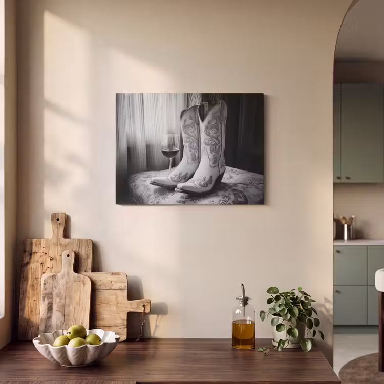 Akoestisch schilderij - Wijn - Cowboylaarzen - Raamlicht - Wit — 3