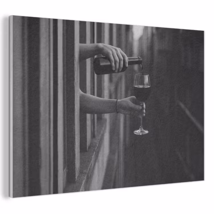 Akoestisch schilderij - Wijnfles - Glas - Handen - Raam — 1