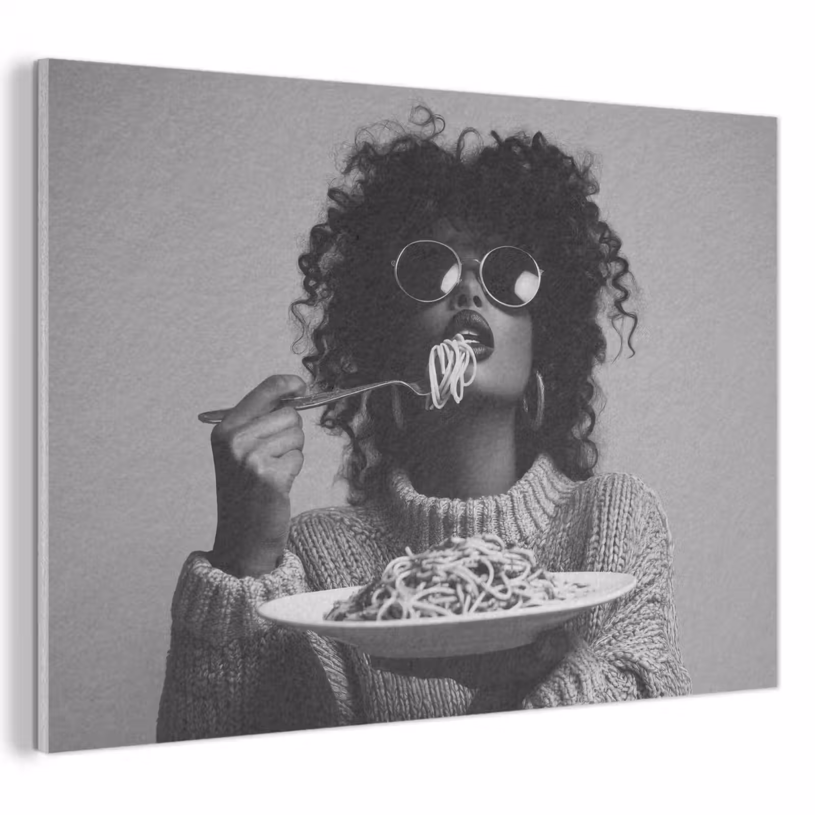 Akoestisch schilderij - Vrouw - Pasta - Zwart - Wit — 1