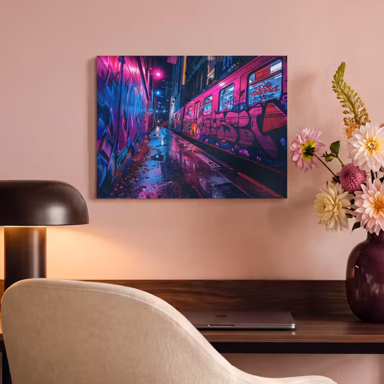 Akoestisch schilderij - Stad - Neon - Nacht - Roze - Graffiti — 4