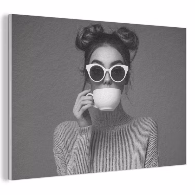 Akoestisch schilderij - Vrouw - Koffie - Zwart - Wit — 1