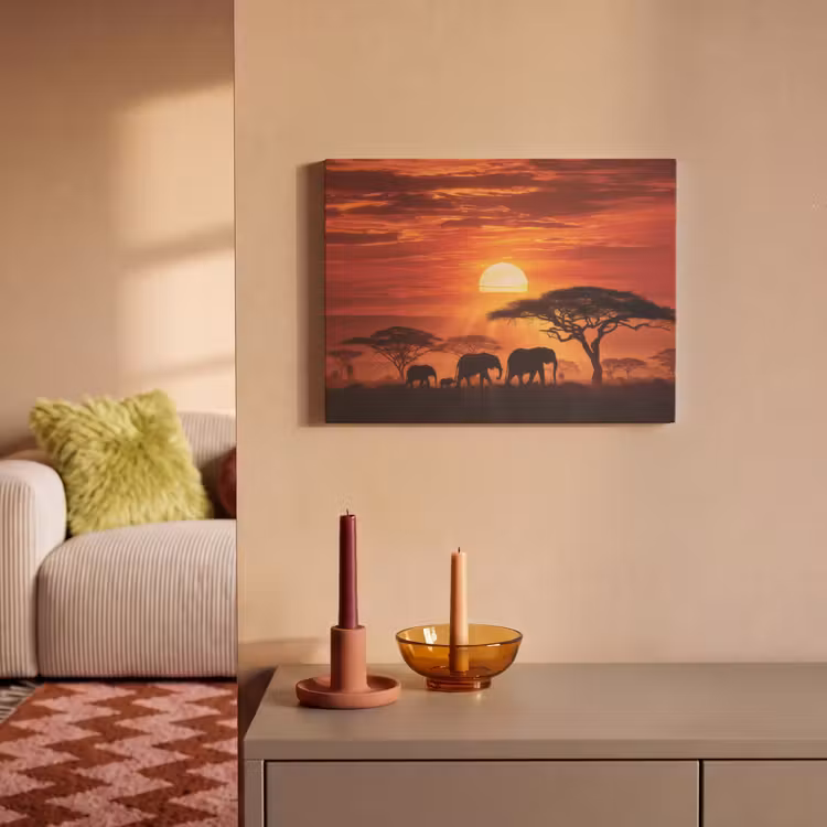 Akoestisch schilderij - Savanne - Olifanten - Zonsondergang — 2
