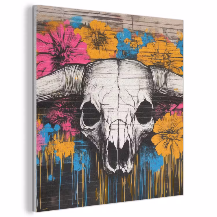 Akoestisch schilderij - Schedel - Bloemen - Graffiti — 1