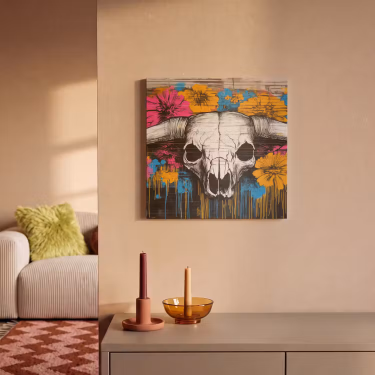 Akoestisch schilderij - Schedel - Bloemen - Graffiti — 2