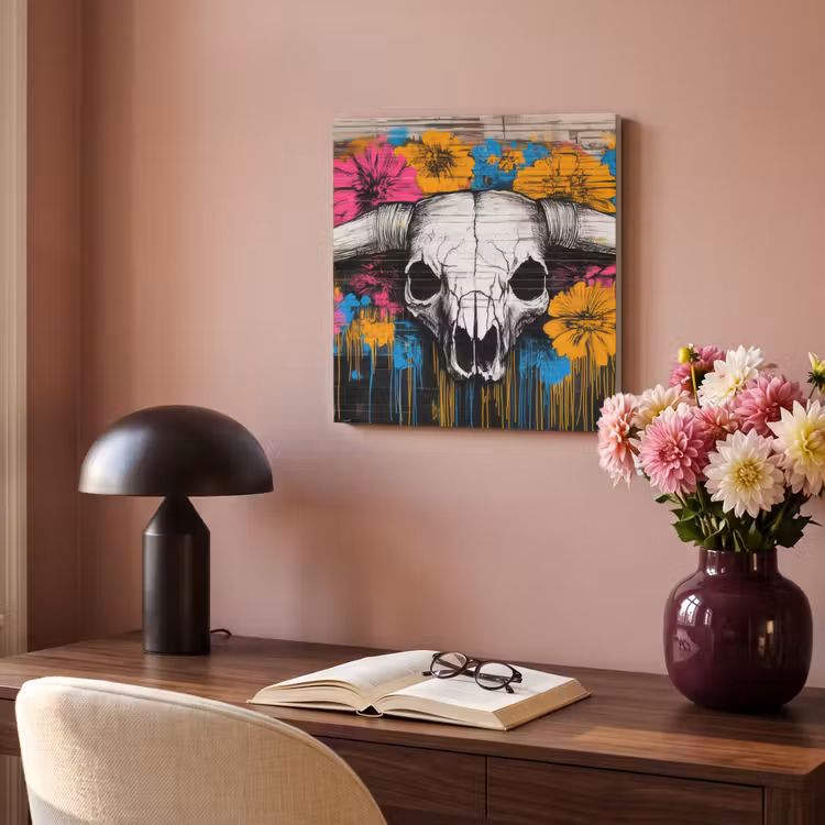 Akoestisch schilderij - Schedel - Bloemen - Graffiti — 4