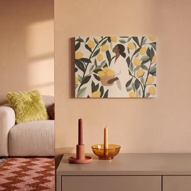 Akoestisch schilderij - Vrouw - Mand - Citroenen - Bladeren — 2