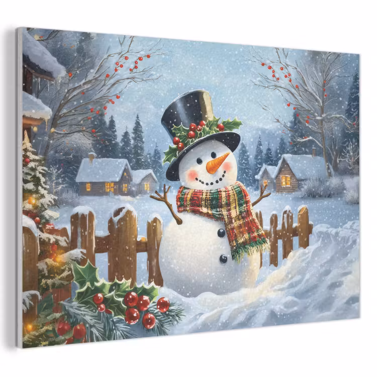 Akoestisch schilderij - Sneeuwpop - Winterdorp - Kleurrijk — 1