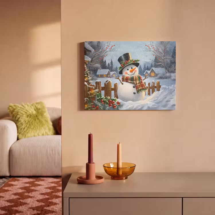 Akoestisch schilderij - Sneeuwpop - Winterdorp - Kleurrijk — 2