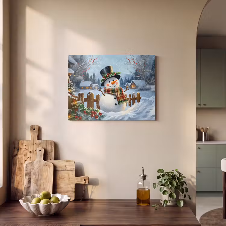 Akoestisch schilderij - Sneeuwpop - Winterdorp - Kleurrijk — 3