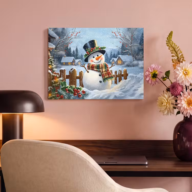 Akoestisch schilderij - Sneeuwpop - Winterdorp - Kleurrijk — 4
