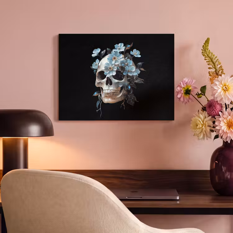 Akoestisch schilderij - Schedel - Blauw - Bloemen - Bladeren — 4