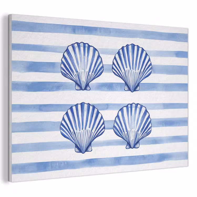 Akoestisch schilderij - Vier schelpen - Blauw - Wit - Strepen — 1